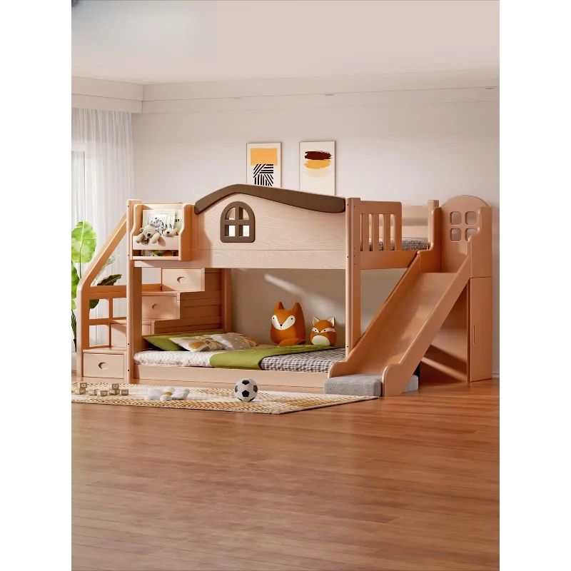 Solid wood bunk beds, raised beds for boys and girls, bunk beds with slides