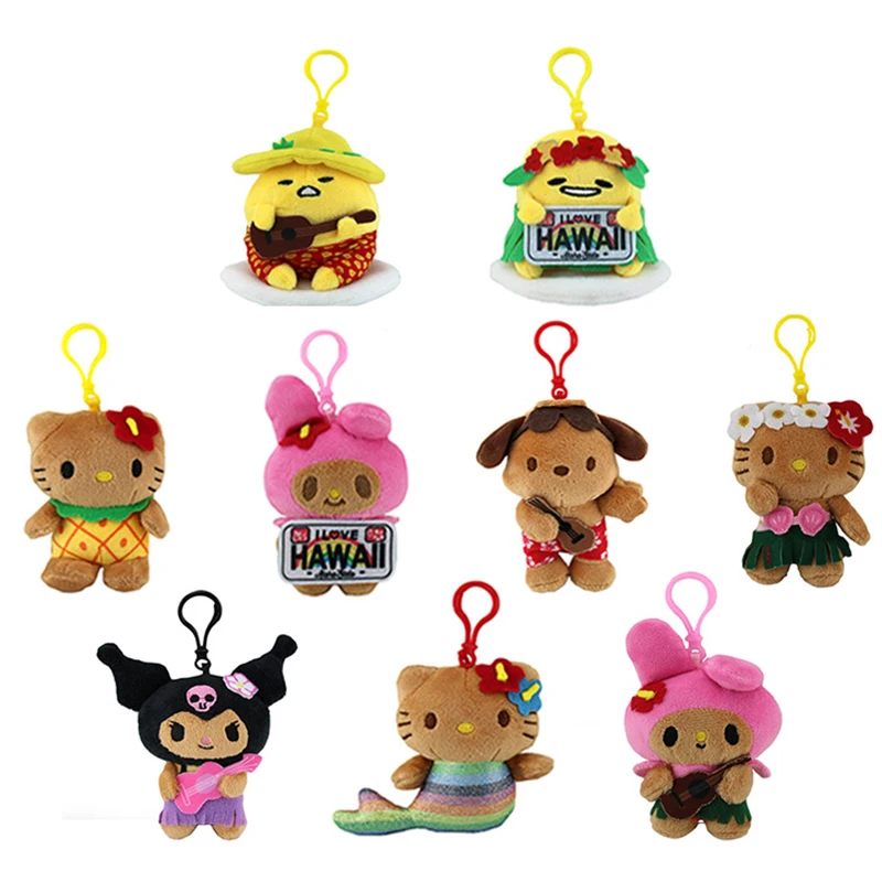 

Sanrio Characters Black-Skinned Hawaii Series Hello Kitty Kuromi Melody Pochacco Stuffed Plush Doll Accessories Decorate Gift