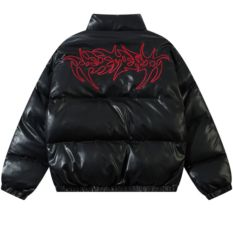 Men Winter Leather Jackets Streetwear Embroidered Waterproof Bomber Coats Hip Hop Punk Gothic Baggy Thick Warm Padded Parkas