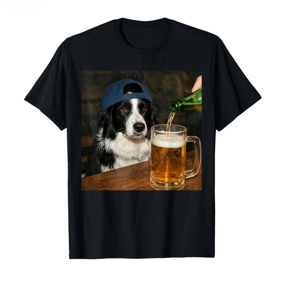 Border Collie Drinking Beer Funny Dog Meme T-shirt for Men Women  Cotton T Shirts Short Sleeve Tops