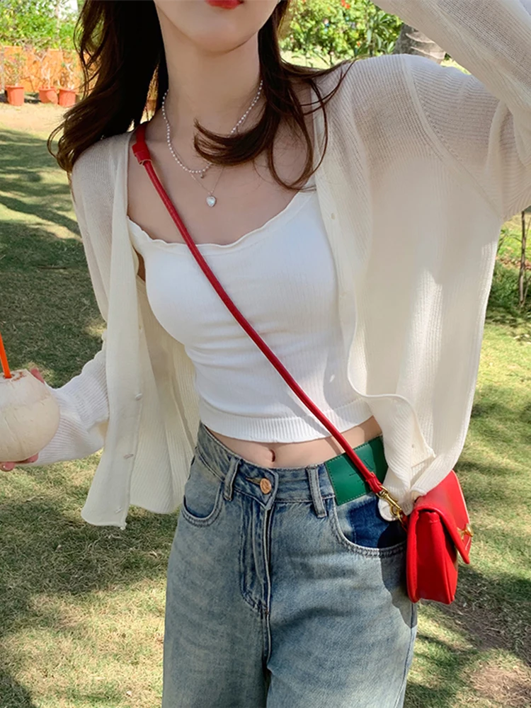 

Ice Silk Knitted Light Weight Summer Cardigan Women's Outerwear V-Neck Long Sleeve Loose Fit Air Conditioning Cover up
