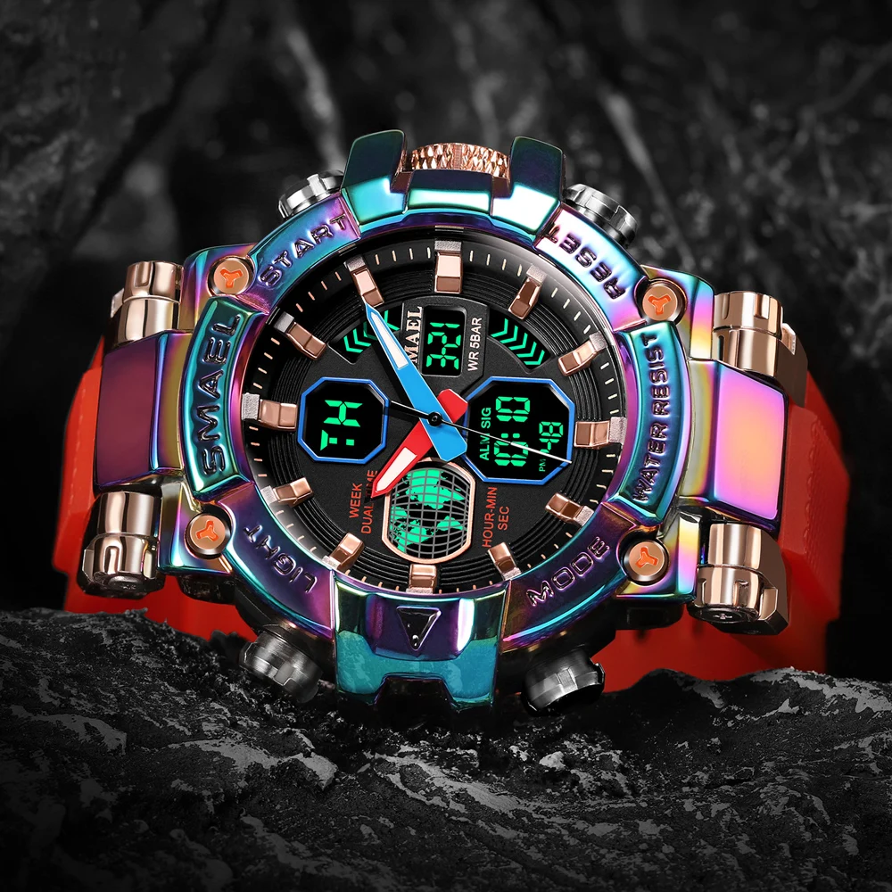 Colorful Quartz Watch for Men SMAEL Analog Digitals Sports Wristwatch Waterproof Multi Function Digital Military Watches Male