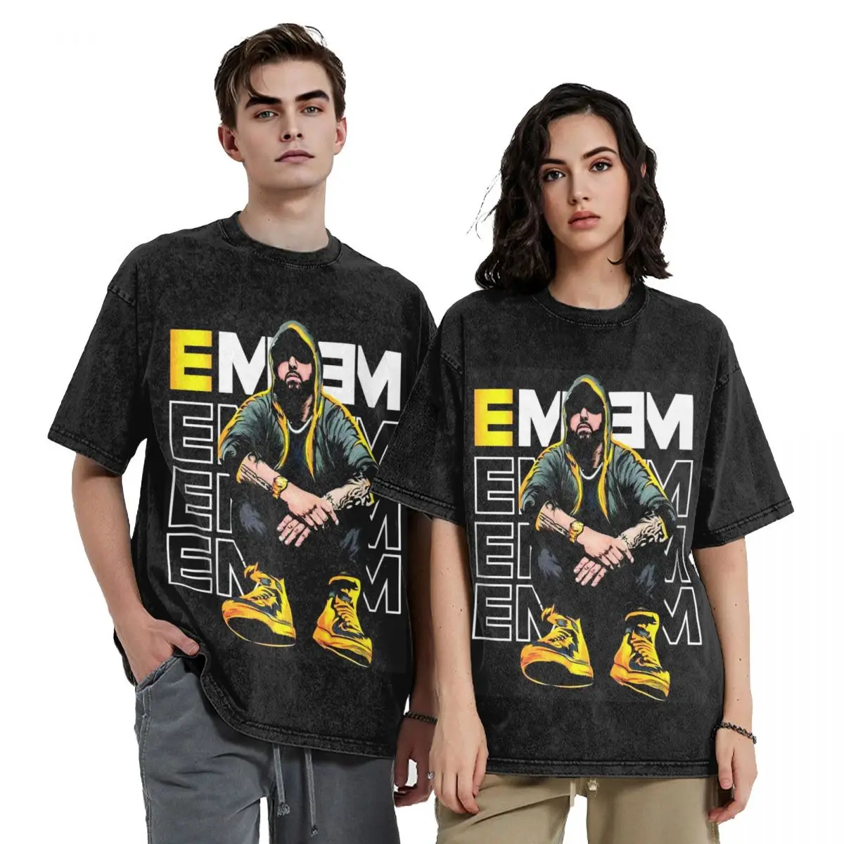 

Eminem 1 Hip Hop Short Sleeve T-Shirts Washed Tops Tees Streetwear T Shirt Oversized for Men Women
