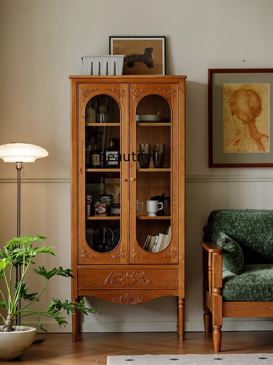 

Cherry wood French retro style home bookcase wine cabinet, medieval storage display cabinet