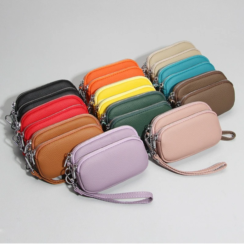 

Multi-Compartment Leather Wristlet Bag Zipper Litchi Grain Coin Organizer, with Wrist Strap Coin Purse for Daily Carry & Travel