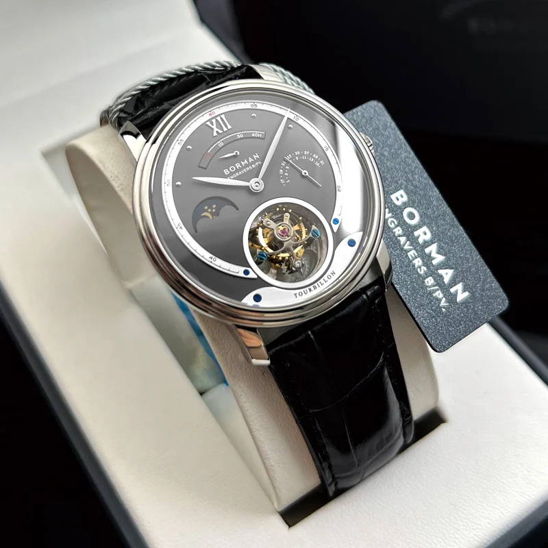 BORMAN Seagull ST8007 Movement WristWatch Luxury Men Mechanical Watches Man Moon Phase Calendar Clock Manual Wind Watches