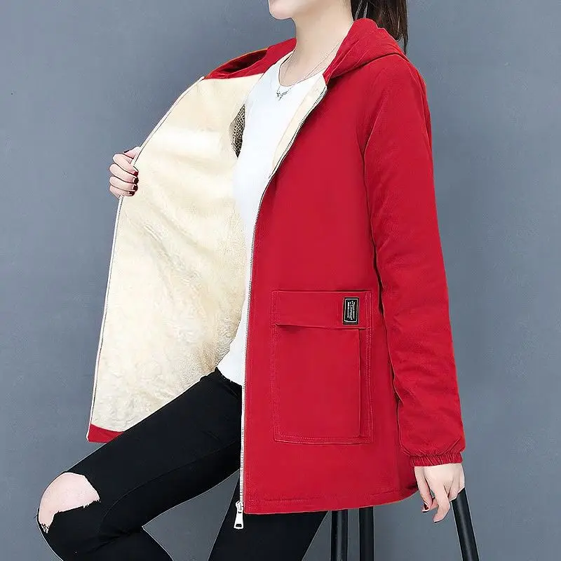 Mid-length Female Jacket 2023 Fashion Casual Plus velvet Thick Loose Hooded Coat Plus Size 6xl Windproof Women\'s Trench Coats