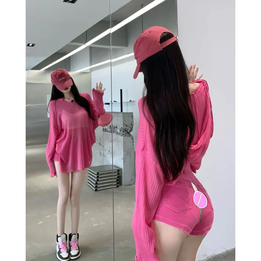 Summer Fashion Pink Jeans Women Invisible Open Crotch Outdoor Convenient Pants Women High Waist All-Matching Sexy Shorts Women