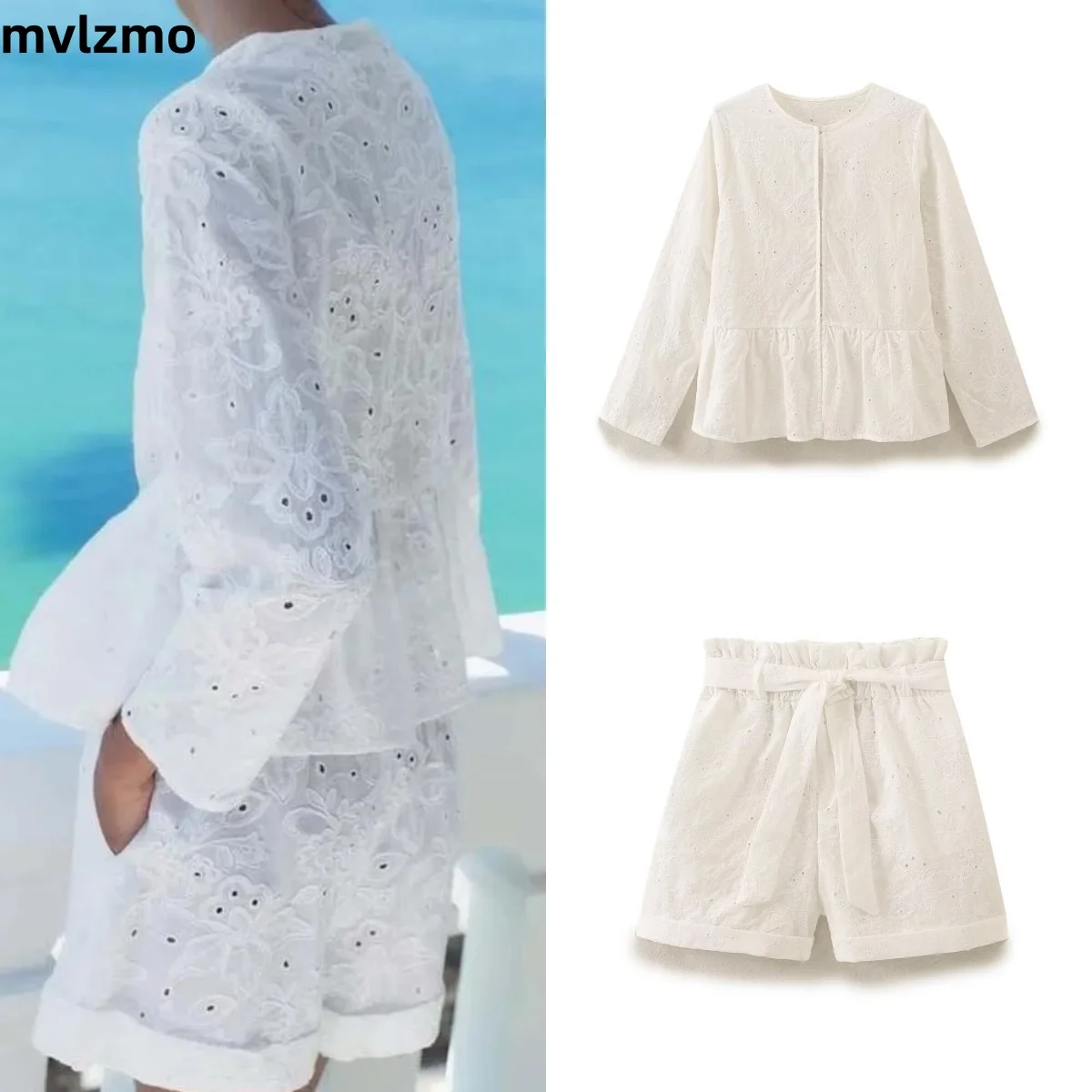 Beach Beige Lace Embroidery Short Skirt Style Shirt 2024 New Fashion Shorts Two Piece Casual Dresses