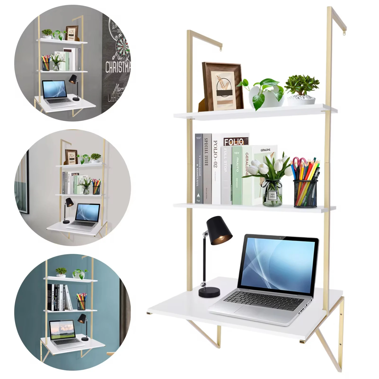 3 Tier White & Gold Wall Mount Ladder Desk Floating Shelves Desk