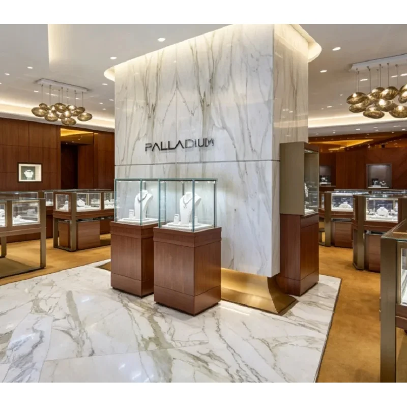 custom.Modern Luxury Marble & Walnut Wood Jewelry Interior Design, Complete Turnkey Fixture Package with Central Sho