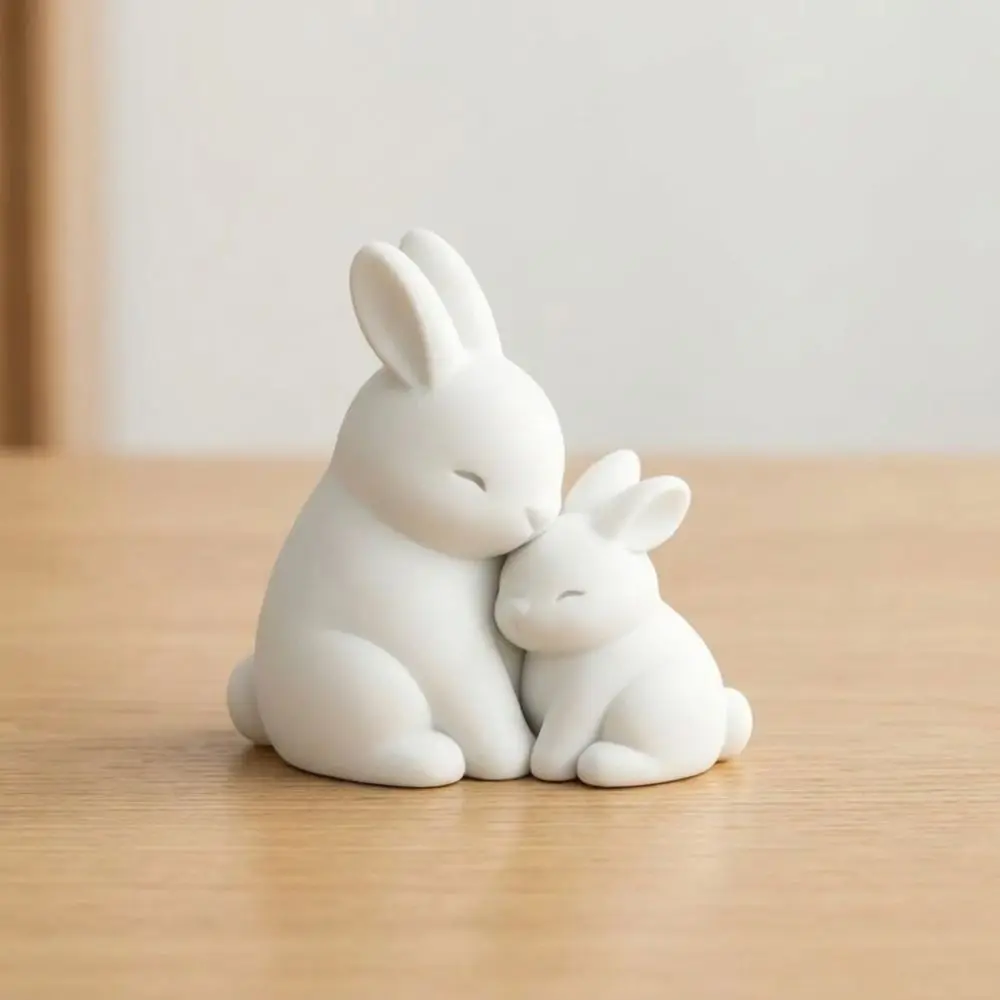 3D Printed Hugging Rabbits Ornament Fade-Resistant Artistic Cuddling Bunny Statue Plastic White Mother and Child Bunny Figurine