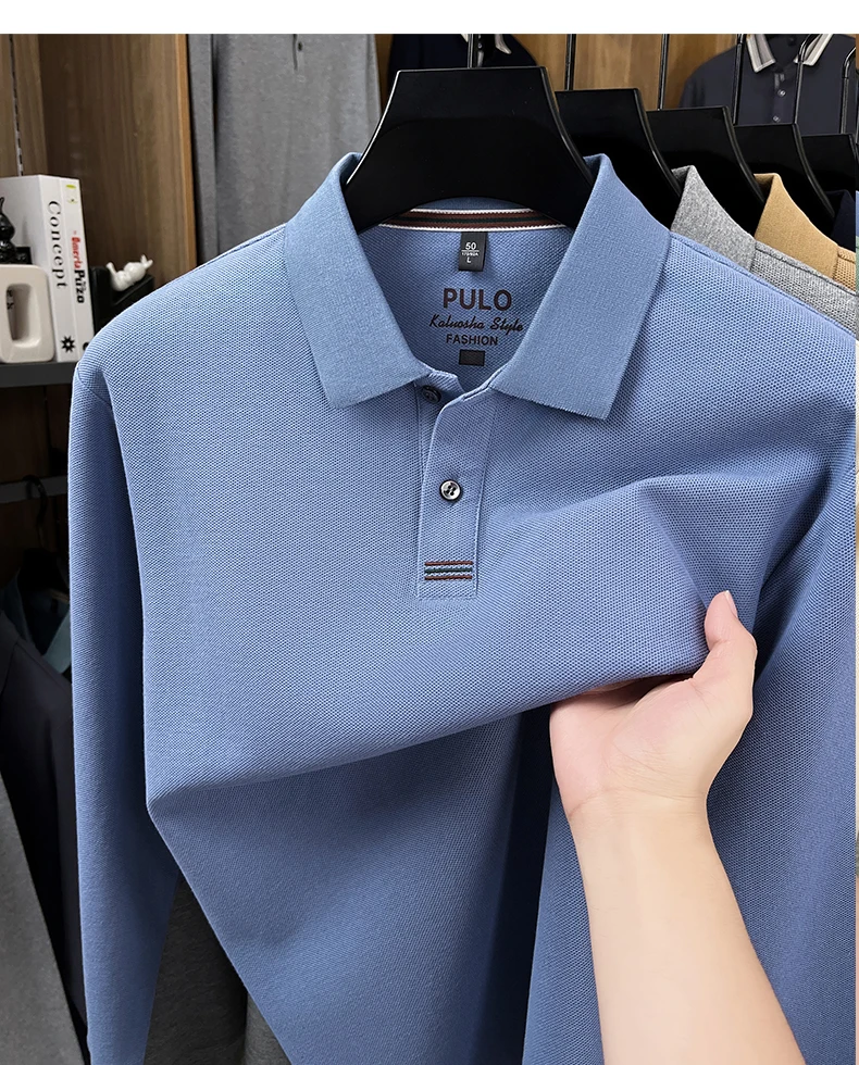 Hochwertiges Langarm-Poloshirt aus 100% Baumwolle für Herren, neue Luxus-Modemarke, Frühling/Herbst, luxuriöser Komfort, lässiges Business-T-Shirt. – Detail 8