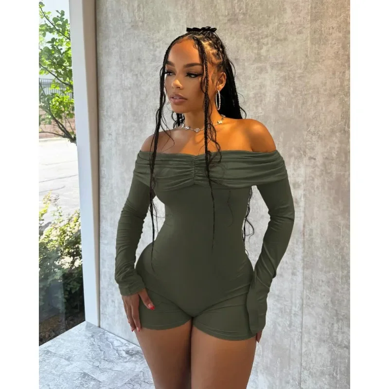 KEXU Women Active Strapless Long Sleeve Playsuit Bodycon Romper Ruched Short Jumpsuit One Piece Sport Overall Fitness Outfit