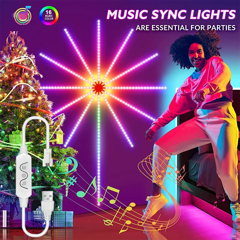 94LEDs USB Smart Bluetooth RGBlC LED Strip Lights APP Control Music Sync Remote Firework LED Tape Lights For Bedroom