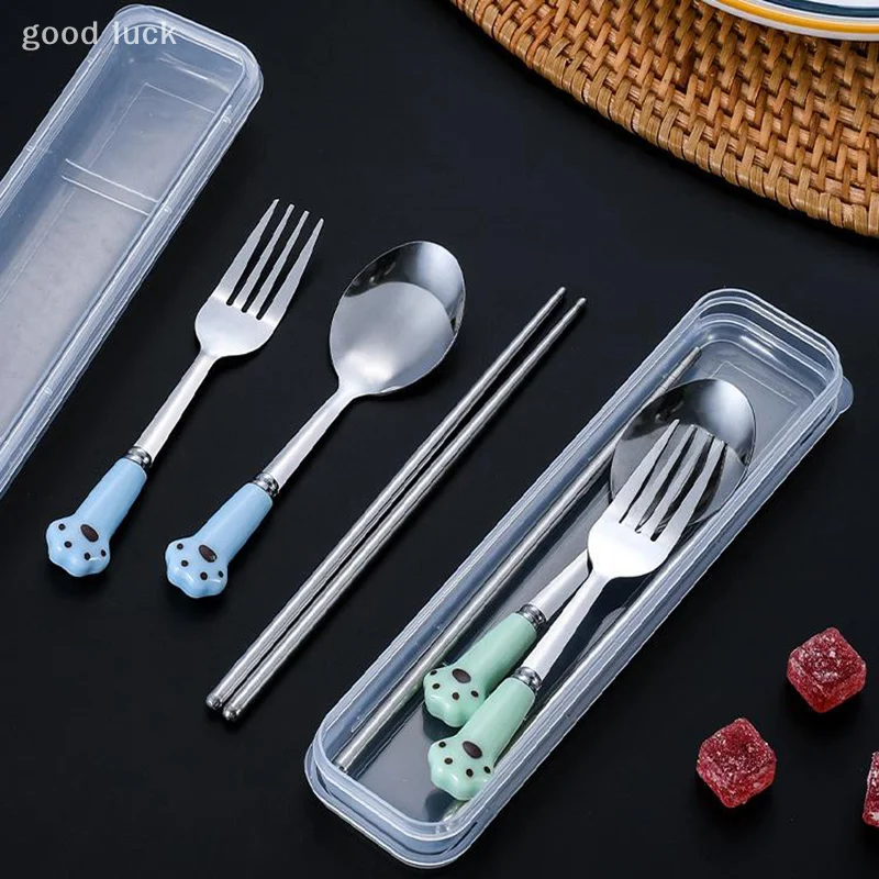 Juego de vajilla de acero inoxidable con garra de gato, cubiertos portátiles, tenedor, cuchara, palillos, traje de tres piezas con caja, cubiertos de viaje, regalo