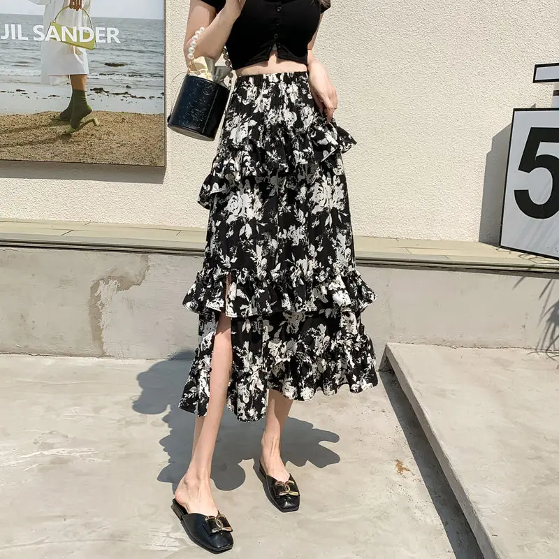 Fashion Ruffles Irregular Skirts Split Female Clothing Casual Broken Flowers Summer Thin A-Line High Waist Cupcake Long Skirts