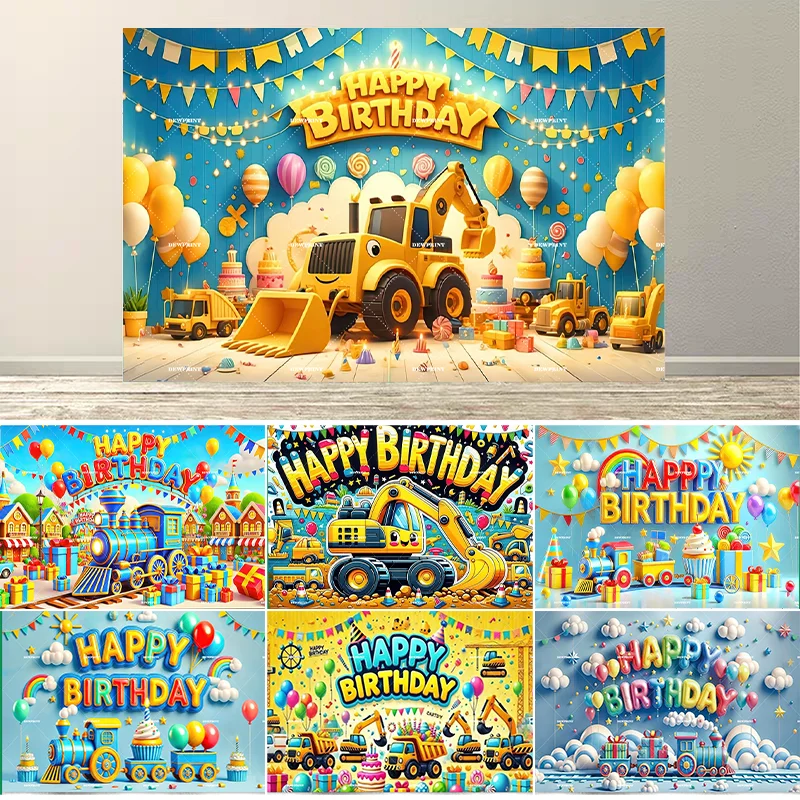 DewprintCartoon Excavator Birthday Party Background Decoration Theme Photography Truck Boy Birthday Gift Photo Studio Prop