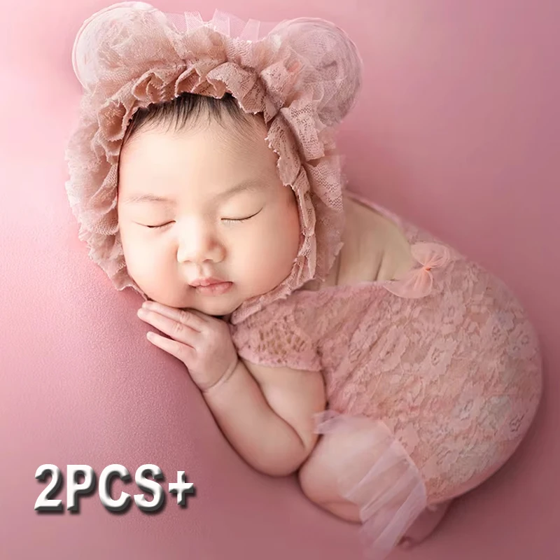 

Ylsteed 2 Pieces Set Newborn Infant Photo Shooting Lace Romper With Ear Hat Pink Baby Girl Photo Photography Clothes-HD