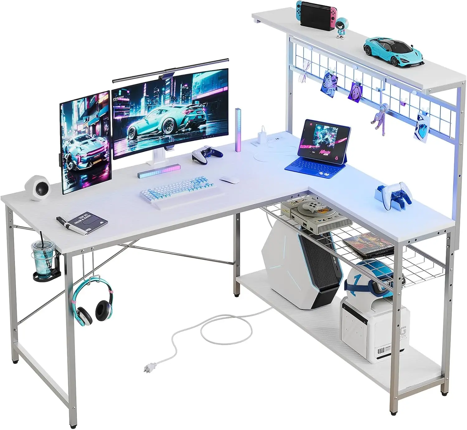 51 L-Vormige Gaming-Desk Met Stopcontacten, Led-Werkstation Met 4 Lagen Planken Voor Thuiskantoor, Wit