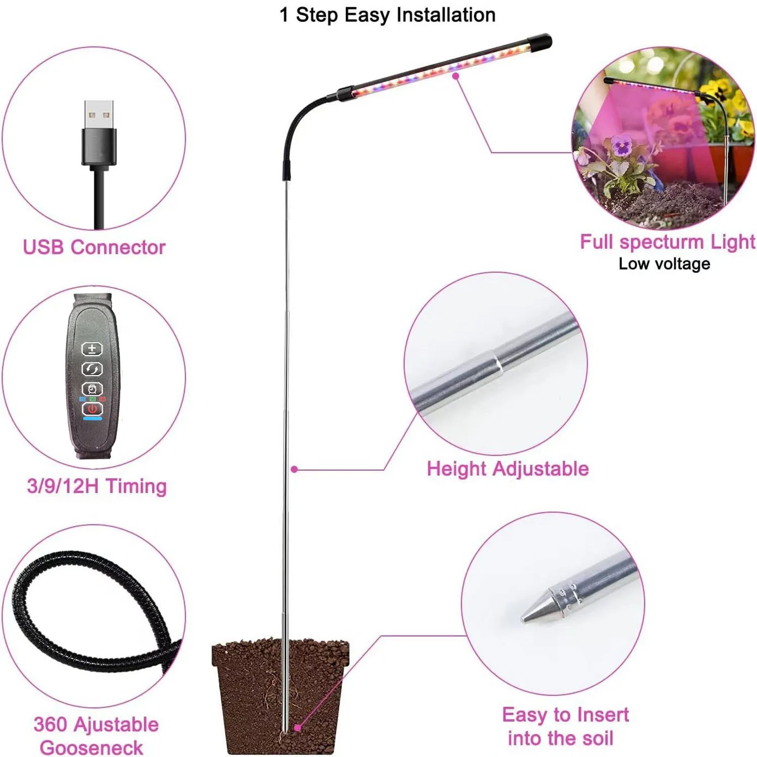 Table lamp for indoor plants, growth lamp, USB adjustable height 3-color switching, 10-level dimming, automatic timer 3/9/12H.