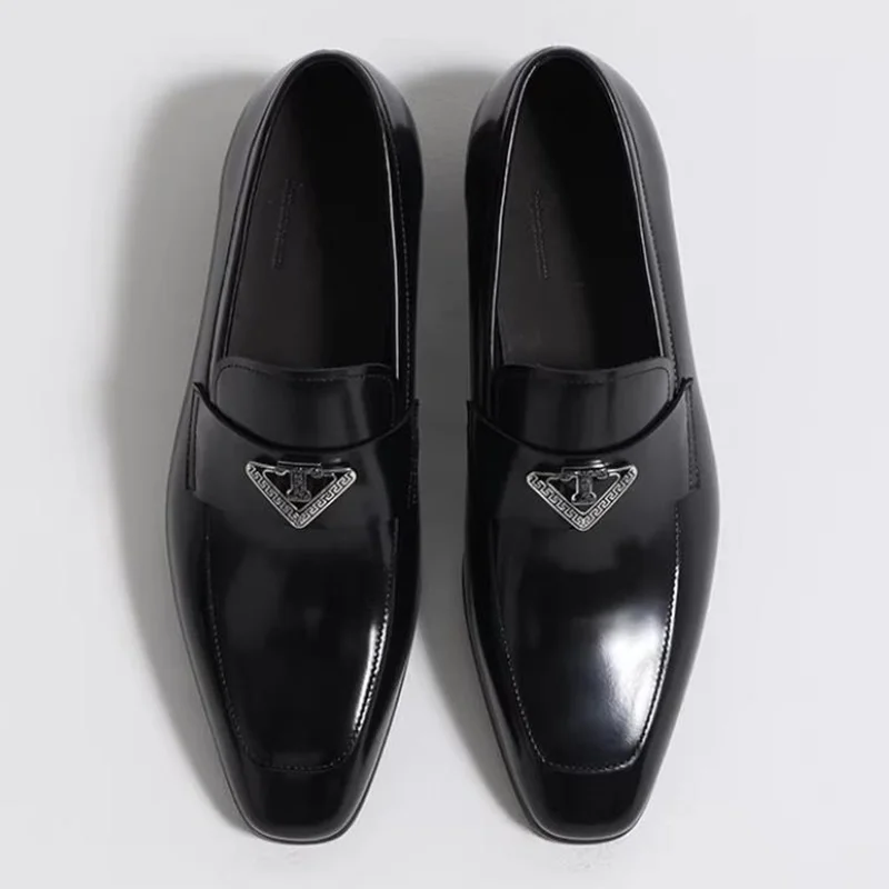 

High-end First-layer Cowhide Square-toe Leather Shoes For Men Patent Leather Sheepskin Lining Casual Shoes Man Dress Loafers