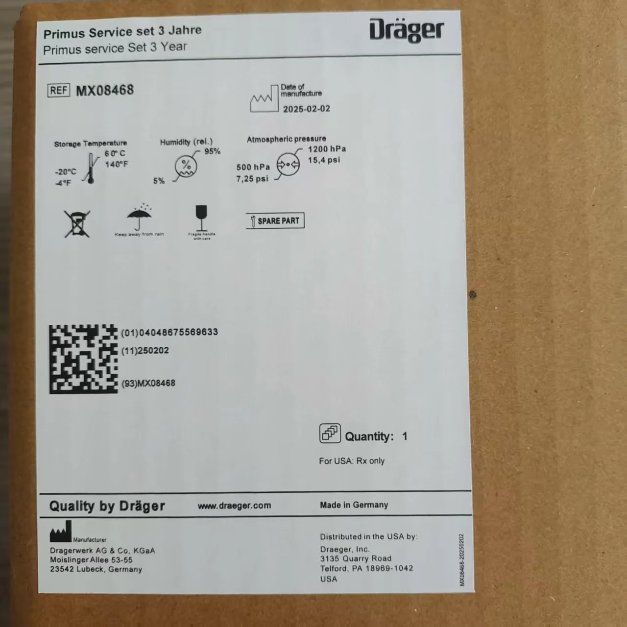 MX08468:Drager New Original Primus Service Set 3 Year (Battery Not Included)