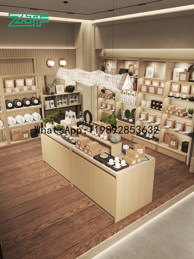 

YFY Tea Shop Display Cabinet Product Display Stand Counter Goods Display Rack Wood Grain Island Table