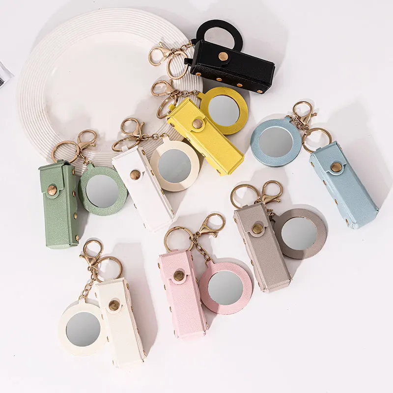 Custom Mini PU Leather Portable Keychain Lipstick Makeup Pouch Lip Balm Bag Keyring Creative Small Mirror Car Bag Hanging Gift