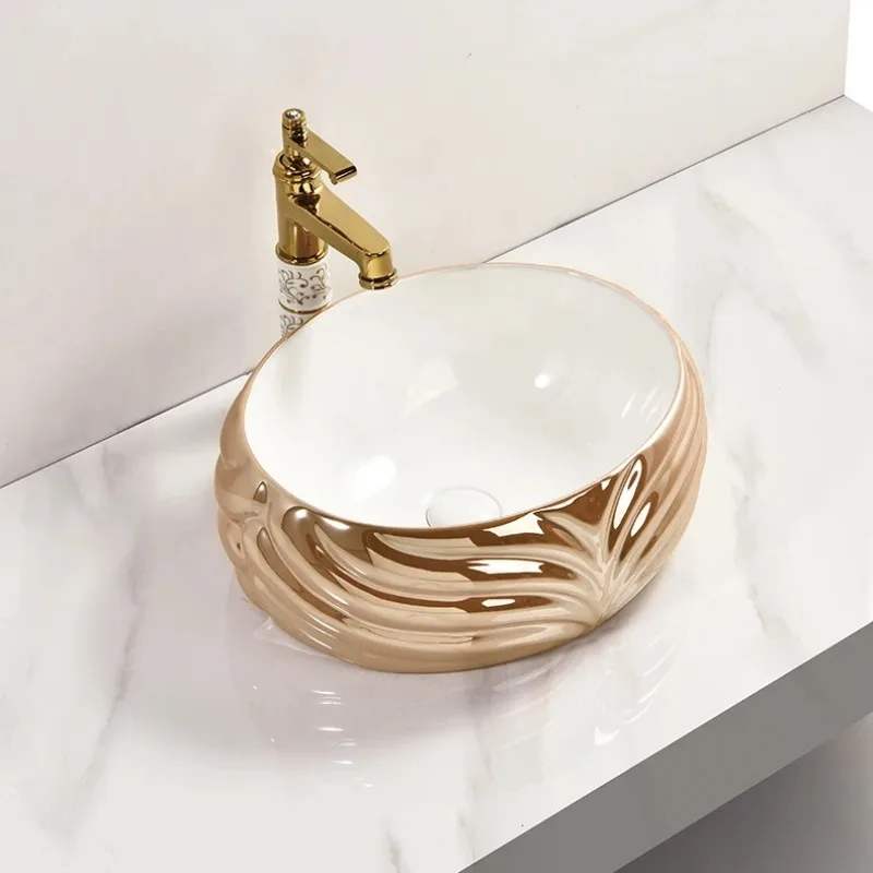 gold white wash basin electroplated ceramic round bathroom sink