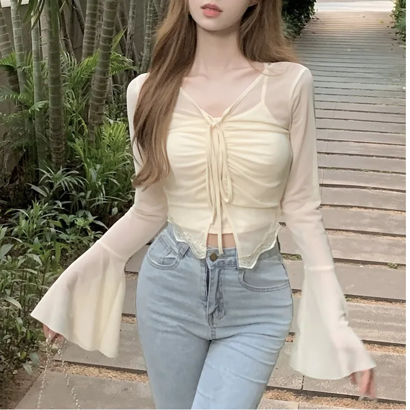 Summer Cardigan Women Sexy See Through Shirts Y2k Crop Tops + Vest Skin Korean Fashion Vintage 2000s Long Sleeve Bandage Blouses