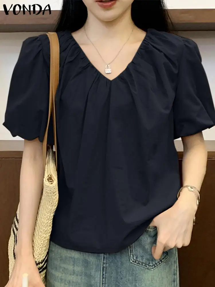 VONDA Women Summer Top 2024 Fashion Blouse Sexy V Neck Casual Pleated Short Puff Sleeve Solid Color Blusas Femininas Loose Shirt