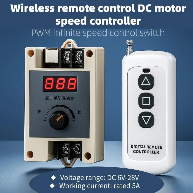 

DC 6V-28V PWM Motor Speed Controller, Wireless Remote DC Motor Dimmer Switch, 5A Adjustable Speed Regulator for DIY Tools
