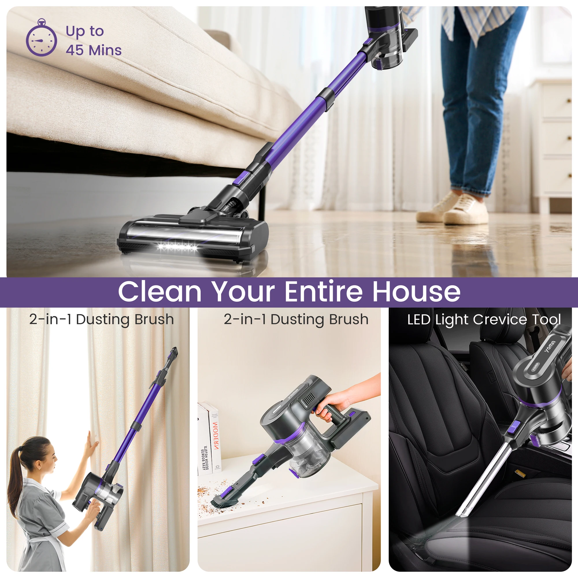 Yoma S100 28000Pa 350W Stick Cordless Vacuum Cleaner, up to 45min Runtime, 9In1 Stick Vac for Hardwood Floor Pet Hair Home Car