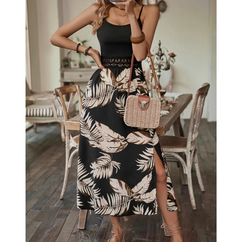 Summer Sexy Hollow Long Dresses For Women 2024 Fashion New Off Shoulder Slit Floral Print Sling Beach Dress Vacation Robe Femme