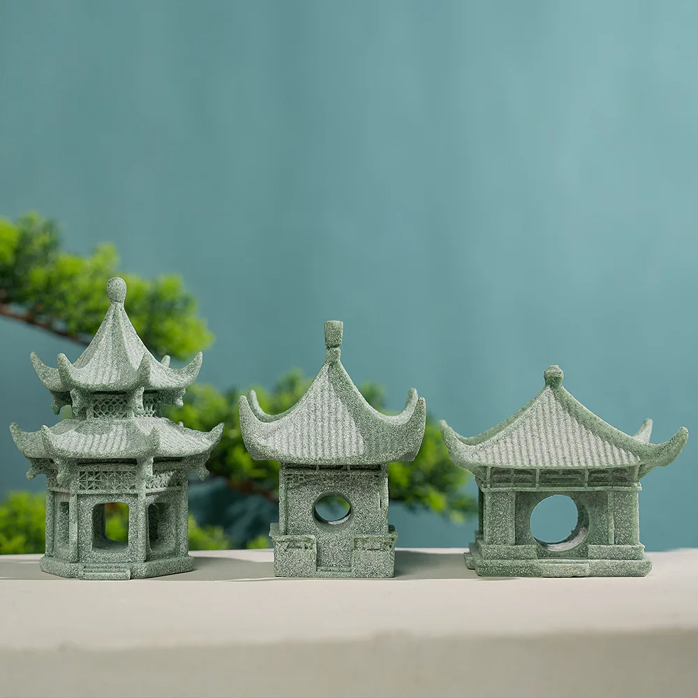 Simulated Flower Bonsai Stone Pavilion Mini Landscape Fish Tank Tower Rockery Flowing Water Zen Decor Accessories Ornament Gifts
