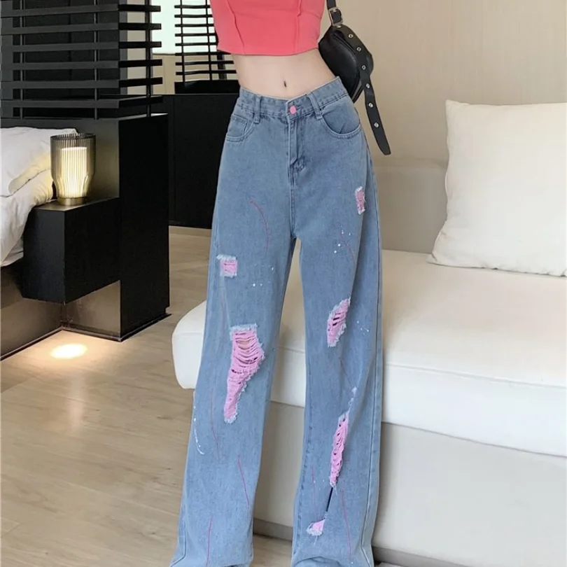 Jeans for Women with Torn Holes 2023 Spring/Summer New High Waist Slim Loose Casual Straight Leg Wide Leg Pants Trend
