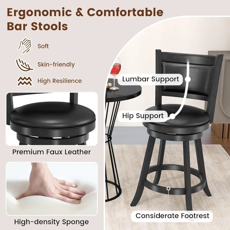 مجموعة مقاعد بار مكونة من 4 قطع، دوارة 360 درجة، مقعد دوار خشبي مقاس 24 بوصة، مقعد بارتفاع، منجد من الجلد