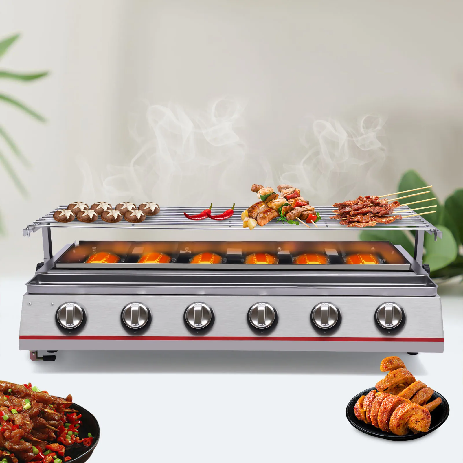 Tabletop Grill Smokeless BBQ with 6 Burners Portable Gas Barbecues Griddle, 6 Independent Switches Gas Grill Griddle