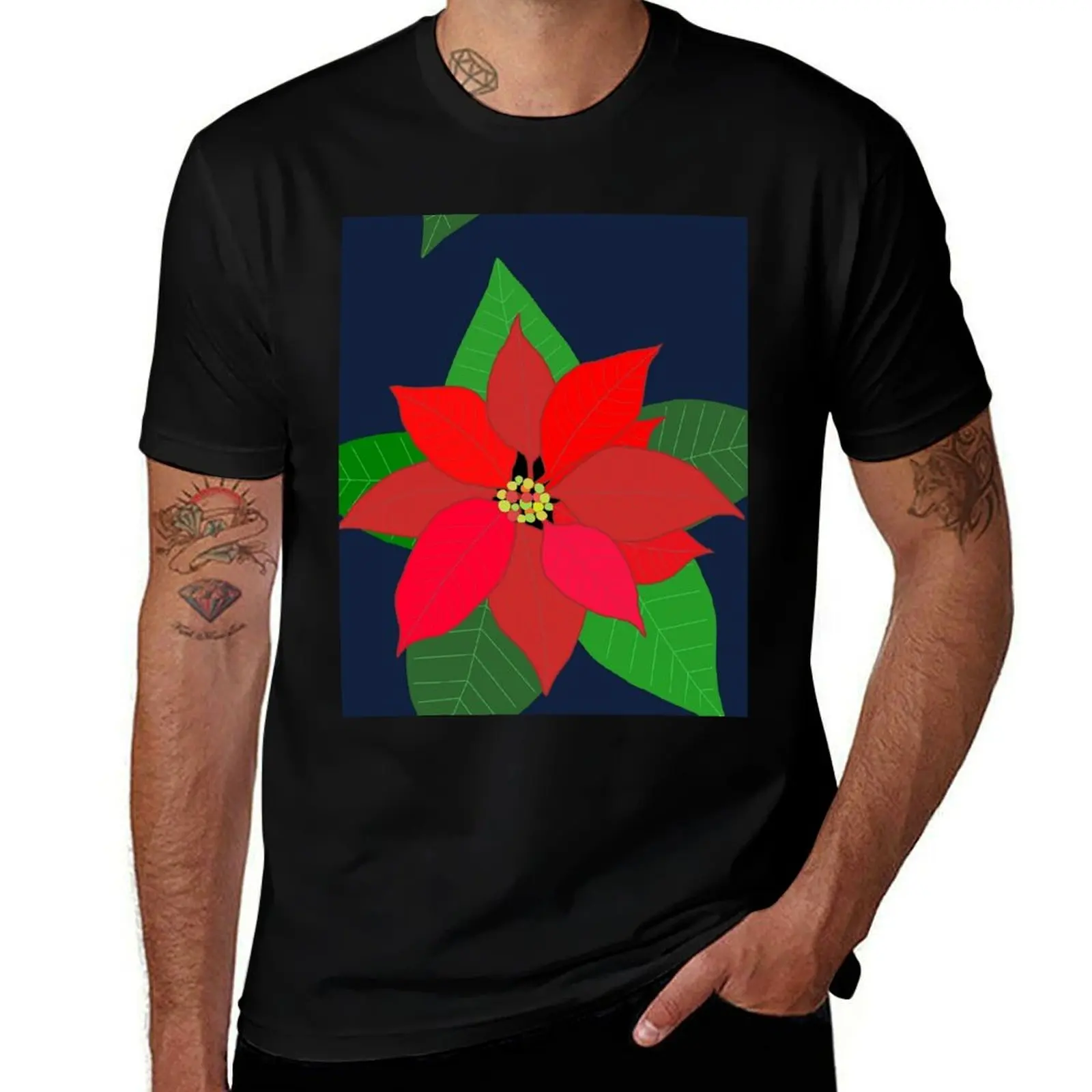 Red Poinsettia Christmas Flower T-Shirt heavyweights customs design your own shirts men