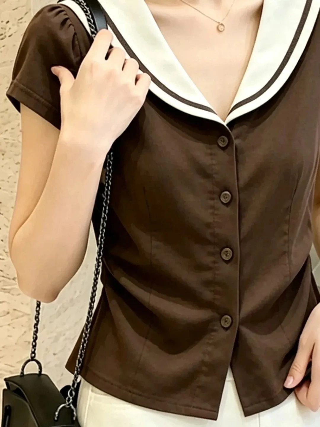 Slim Fit Short Sleeve Shirt Women's Summer Naval Collar Color Block Single Button Waist Cinching Anti-Aging Top Korean Style