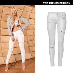 White Faux Leather Denim Leggings Patchwork Multi Zipper Motorcycle Womens Pants