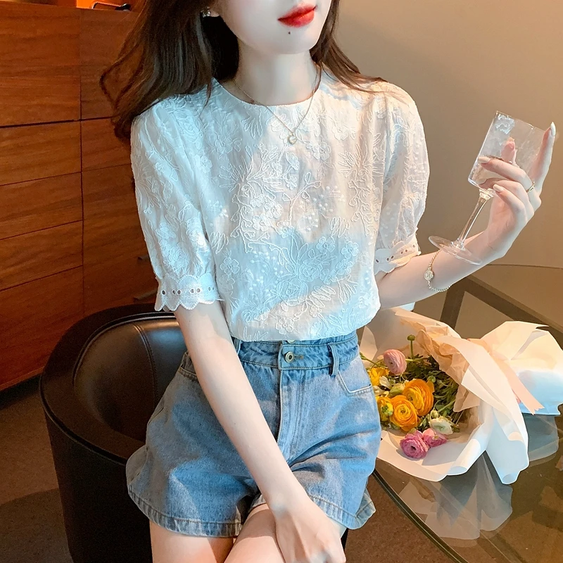 Summer New Short Sleeve Blouse Women O-Neck White Blouse Shirt Women Tops Blusas Mujer De Moda 2024 Verano Blouses Shirts G440