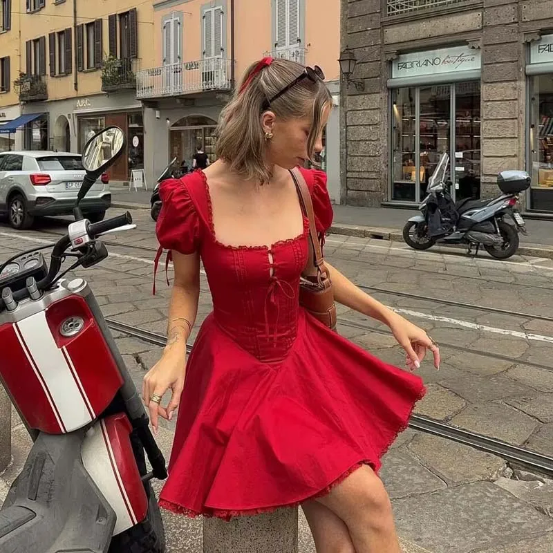 

YENKYE 2025 Women Lace Spliced Red Elegant Party Mini Dresses Vintage Puff Sleeve V Neck A-line Festival Dress Lacing Up Robe