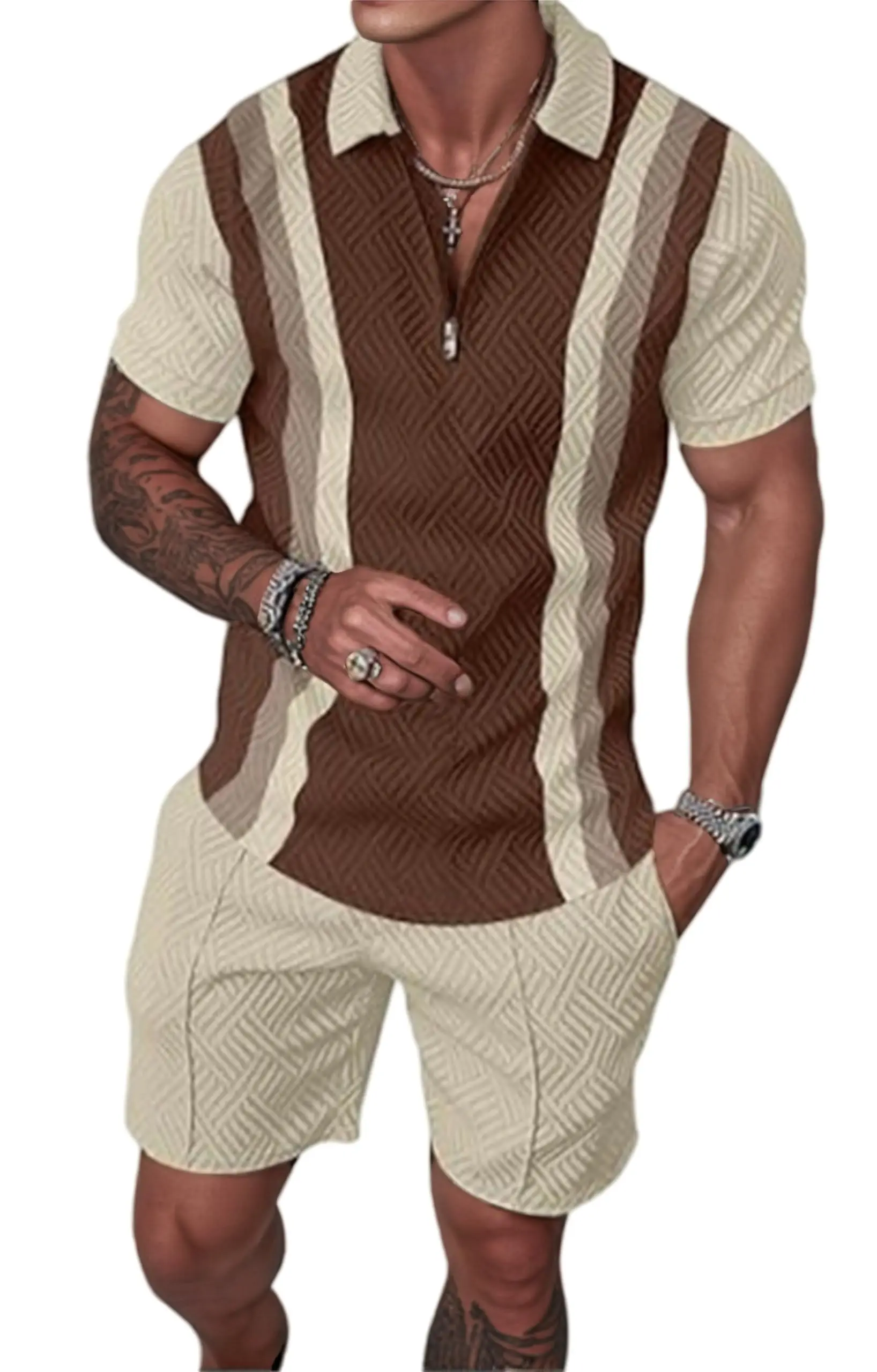 

Mens Zip Polo Sets 2Piece Football 3D Print Casual Zipper Polo Shirt +Shorts 2pcs Set Business Sports Suit Tracksuit Gym Clothes