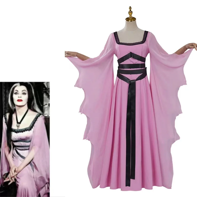 

Movie Munsters Lily Munster Cosplay Costume Pink Dress Vampire Set Outfits Halloween Carnival Fantasy Dress