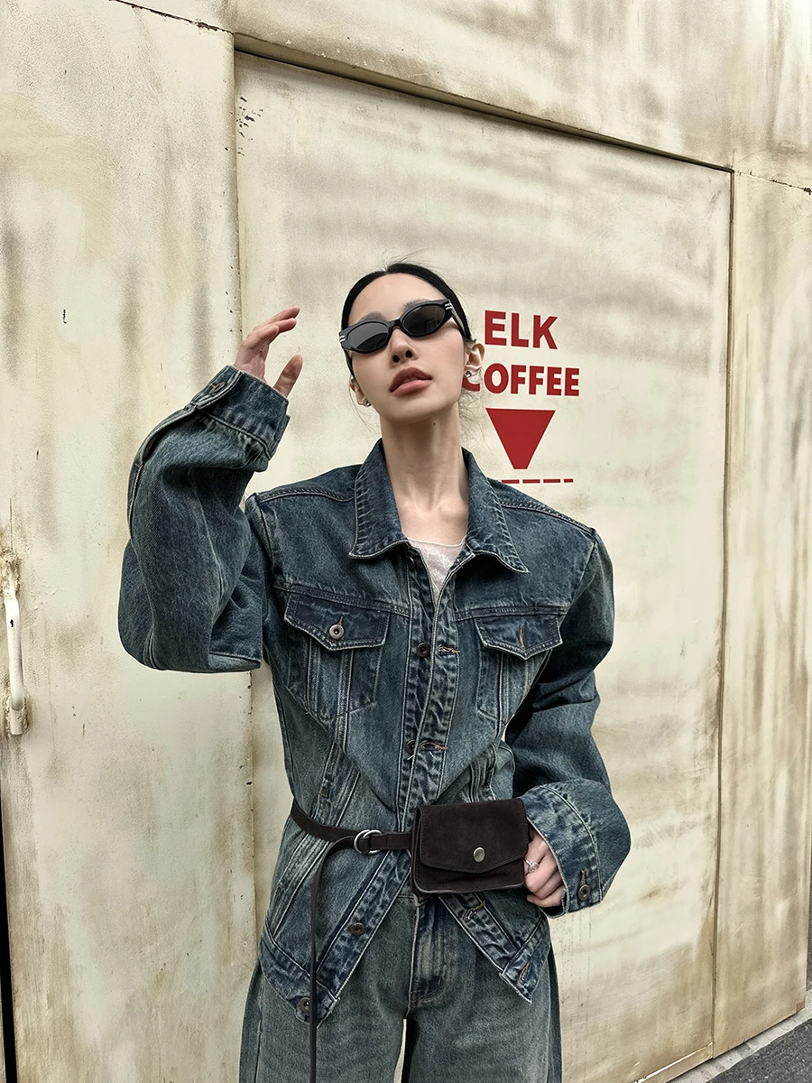 

Ретро-комплект из мягкого денима: модный костюм для ранней весны, стройнящий силуэт, с эффектом тени, для создания образа в стиле C-позиция, женский модный комплект, повседневная рабочая одежда