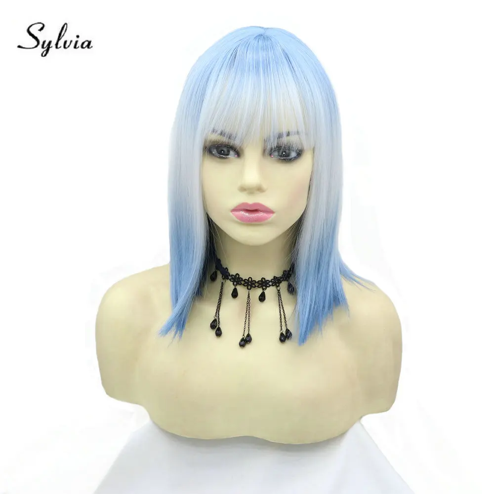 

Sylvia Blue Ombre Bob Wig with Blue Root 3 Tone Short Natural Straight Synthetic Wigs Glueless Heat Resistant Hair 14 Inch