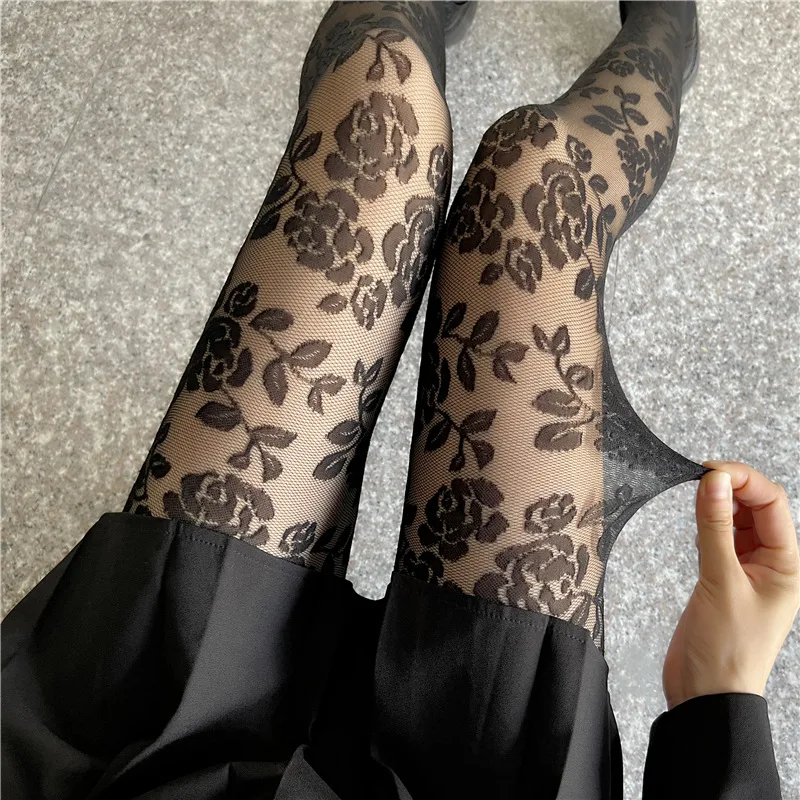 2022 New Vintage Rose Tights Feminine Lace Jacquard Tights Thin Anti-hook Silk Black Tights