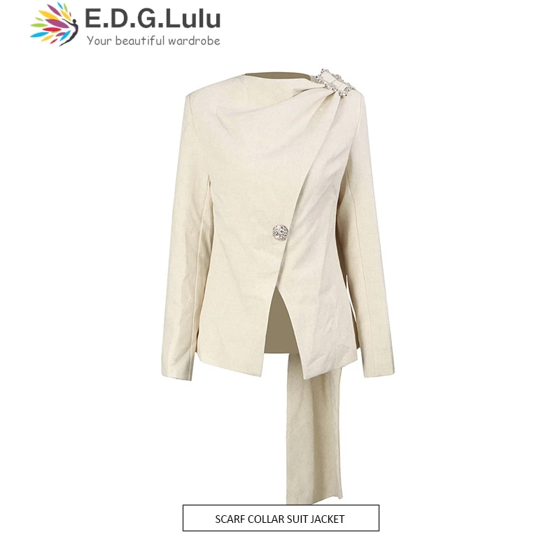 

EDGLuLu 2025 Autumn New Design Irregular Ribbon Splicing Small Suit O Neck One Buckle Beige Suit Jacket 0913